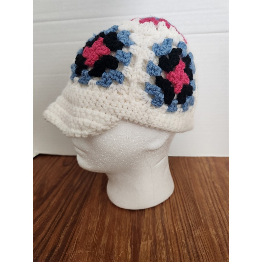 White Granny Square Handmade Knit Crochet Beanie Pink Blue‎ Boho Hippie Artsy